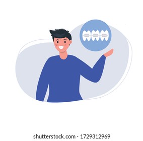 Man in braces. Brackets system,on female teeth. Orthodontic services. Vector illustration in flat style.