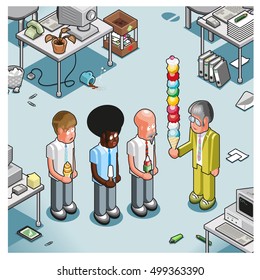Man bragging with huge ice cream cone in front of his co-workers in office (isometric vector cartoon)