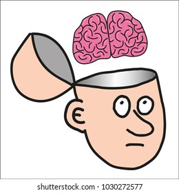 Man with brain flying from or into head - isolated cartoon hand drawn vector image. Original artwork illustration in comic style drawing