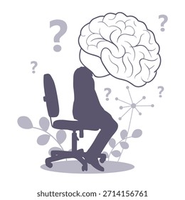 Ein Mann mit Gehirn als Kopf im Profil sitzt im Bürostuhl mit einem Fragezeichen, das einen depressiven Zustand einer Person symbolisiert. Psychologische Hilfe. Persönlichkeitsstörung und Depression.