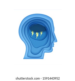 Man brain silhouette head with cloud and lightning in paper cut style. . Wotld Mental health Day 10 October element concept. Psychology and psychiatry bad mood, OCD depressive state of mind, anger