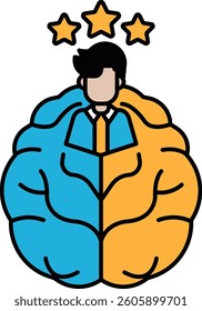 A man with a brain that is split into two parts. The left part is blue and the right part is orange. The man is wearing a tie