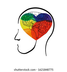 Man with brains and heart. Line art doodle sketch. Black outline on white background. Picture can be used in greeting cards, posters, flyers, banners, logo etc. Vector illustration. EPS10