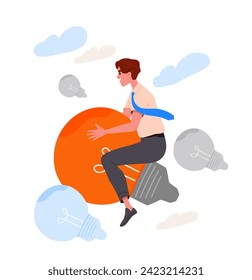 Man with brainstorm concept. Young guy at light bulb. Character with idea for start up. Talented and creative entrepreneur. Cartoon flat vector illustration isolated on white background
