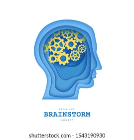 Man brainstorm head in paper cut style. Silhouette of layered human with think gears in brain. Origami skull papercut profile with idea sign on the depth of layers cardboard. Creative vector concept.