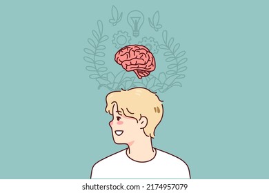 Man brainstorming generating innovative idea. Motivated inspired guy involved in creative thinking process. Intelligence and innovation. Vector illustration. 