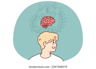 Man brainstorming generating innovative idea. Motivated inspired guy involved in creative thinking process. Intelligence and innovation. Vector illustration.