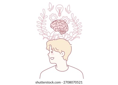 Homem brainstorming gerando ideia inovadora. Motivado sujeito inspirado envolvido no processo de pensamento criativo. Inteligência e inovação. Ilustração vetorial.