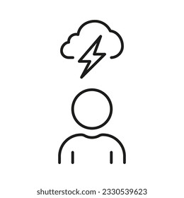 Man Brainstorming Line Icon. Thunder Storm with Cloud and Lightning Above Person Linear Pictogram. Creativity Think, Strategy Solution Outline Symbol. Editable Stroke. Isolated Vector Illustration.