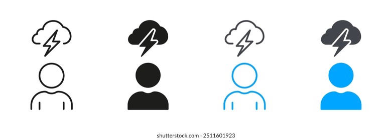 Línea de lluvia de ideas de hombre y conjunto de iconos de silueta. Tormenta de truenos con nubes y relámpagos. Creatividad Piensa, Estrategia Símbolo de Solución. Trazo Editable. Ilustración vectorial aislada.