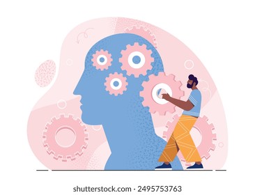 Man with brainstorming. Young guy with gears near silhouette of head. Metaphor of logical thinking and cognitive processes. Inspiration and idea. Flat vector illustration isolated on white background