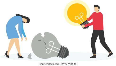 Man brake other man's bulb, Vector illustration in flat style

