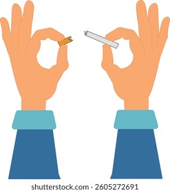 Man brakes cigarette in hands. Man refusing tobacco. Stop smoking, quit smoking or no smoking cigarettes. Illustration, vector, cartoon