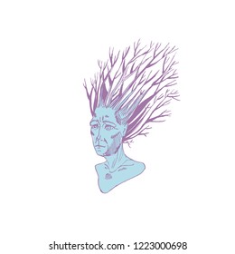 man with branches on his head. portrait. Graphic illustration.