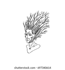 A man with branches on his head. portrait. Graphic illustration.