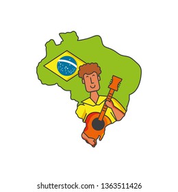 man brazilian dancer with guitar and map of brazil