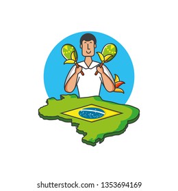 man brazilian dancer with maracas and map of brazil