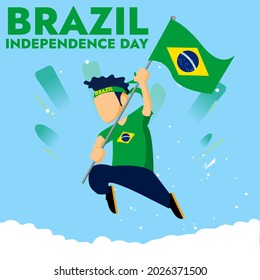 man with Brazilian flag running over the cloud suitable for Brazil independence Day Illustration