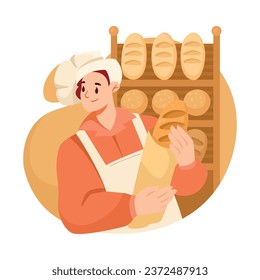 Man Bread Baker in Uniform and Toque Baking Pastry Hold Loaf in Pack Vector Illustration