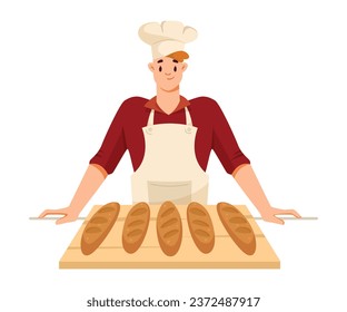 Hombres panaderos de pan con pasta de pan uniforme y toque con hoja descansada en la ilustración del vector de la mesa