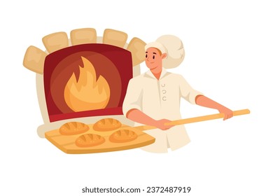 Man Bread Baker in Uniform and Toque Baking Pastry Put Loaf in Hot Oven Vector Illustration