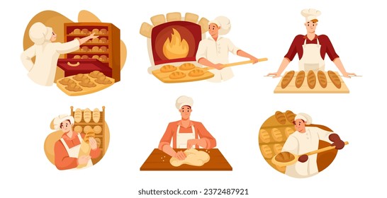 Man Bread Bakers in Uniform and Toque Baking Pastry Vector Set