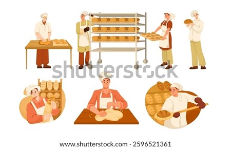Man Bread Bakers in Uniform and Toque Baking Pastry Vector Set