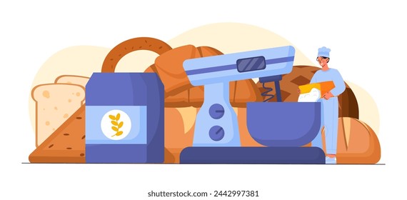 Hombre con productos de pan. Chico joven en delantal y sombrero de cocinero blanco cerca de la masa. Ocupación de panadería y pastelería. Postre casero y delicadeza. Ilustración plana del vector de la historieta aislada sobre fondo blanco