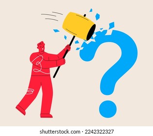 Hombre rompe el signo de interrogación. Concepto de toma de decisiones. Ilustración vectorial colorida
