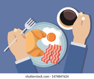man breakfast cooking coffee fried eggs croissant bacon waffle syrup vector illustration