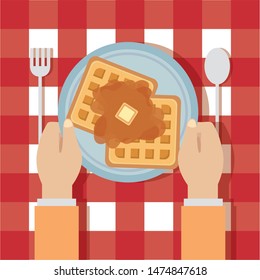 man breakfast cooking waffle syrup cutlery vector illustration