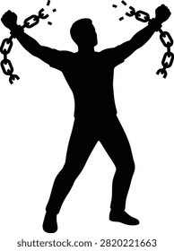Man breaking chains, freedom, liberation, power, escape.