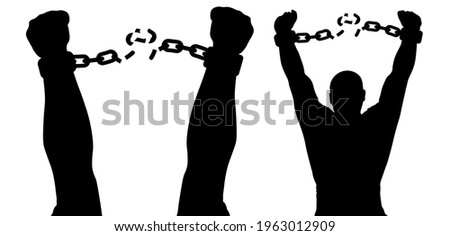 Man breaking chains in handcuffs and human hands, silhouette. Freedom. Vector illustration