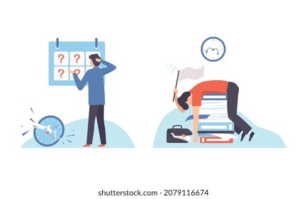 Man with Breaking Clock Dial Failing Handling Deadline and Timeline Vector Set