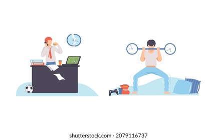 Hombre con el juego de vectores de línea de tiempo y de línea de tiempo que falla el marcado de reloj