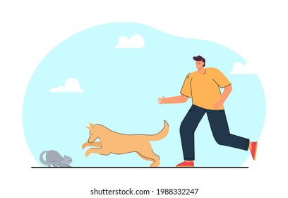 Man Breaking Up Fight Between Dog And Cat. Owner Trying To Protect His Pet Flat Vector Illustration. Animal, Attack Concept For Banner, Website Design Or Landing Web Page