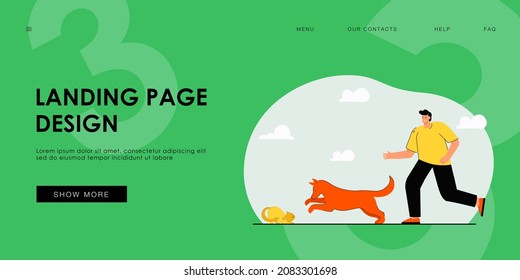 Man Breaking Up Fight Between Dog And Cat. Owner Trying To Protect His Pet Flat Vector Illustration. Animal, Attack Concept For Banner, Website Design Or Landing Web Page