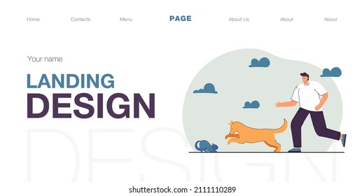 Man Breaking Up Fight Between Dog And Cat. Owner Trying To Protect His Pet Flat Vector Illustration. Animal, Attack Concept For Banner, Website Design Or Landing Web Page