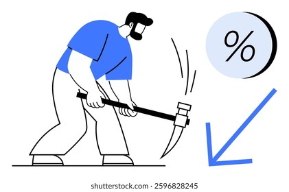 Man breaking ground with a pickaxe beside a percentage symbol and a downward arrow. Ideal for financial decline, debt, economic problems, business struggles, investment losses, recession, corporate