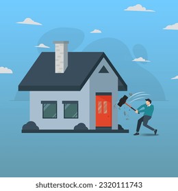 Man breaking the house wall by big hammer. Demolition concept design vector illustration