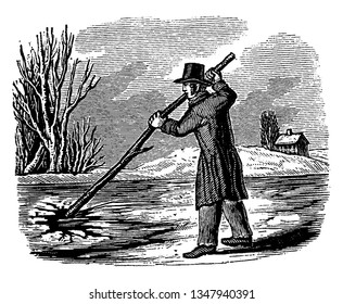 A Man Breaking Ice With Pole, Vintage Line Drawing Or Engraving Illustration