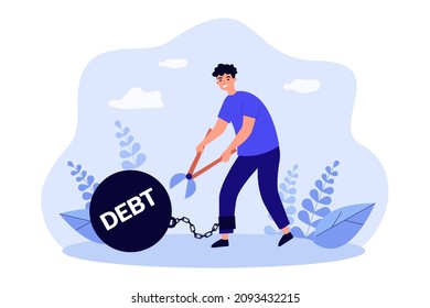 Man breaking long chain of debt burden ball. Person breaking shackles of credits and loans flat vector illustration. Financial freedom, mortgage concept for banner, website design or landing web page