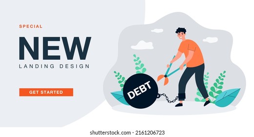 Man breaking long chain of debt burden ball. Person breaking shackles of credits and loans flat vector illustration. Financial freedom, mortgage concept for banner, website design or landing web page