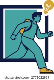 a man breaking out of a frame with a lightbulb idea. Ideal for startup marketing, creative agency branding, and educational presentations focusing on innovation and thinking outside the box concepts.
