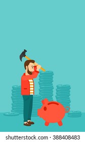 Man breaking piggy bank.