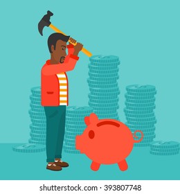 Man breaking piggy bank.