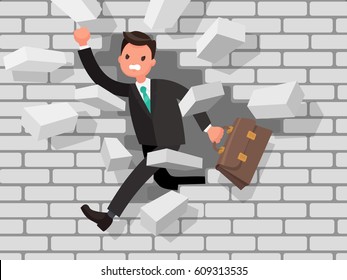 Man is breaking a wall. The concept of overcoming obstacles in business, strong will and motivation. Vector illustration in a flat style