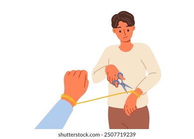 Man breaking up with woman and cuts rope on hand, due to lack of love after betrayal. Breaking up with girlfriend after toxic relationship that negatively affects psychological health