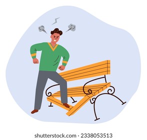 Man breaks bench in anger. Hooliganism flat illustration with vandals.