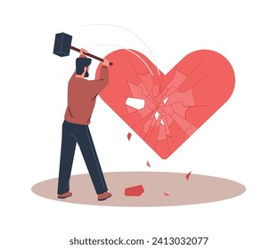 Man breaks big heart with hammer. Relationship breakup. Unhappy guy hitting love symbol. Romance destroy. Damaged amour. Young boyfriend sadness. Lovers feeling crash. Vector concept